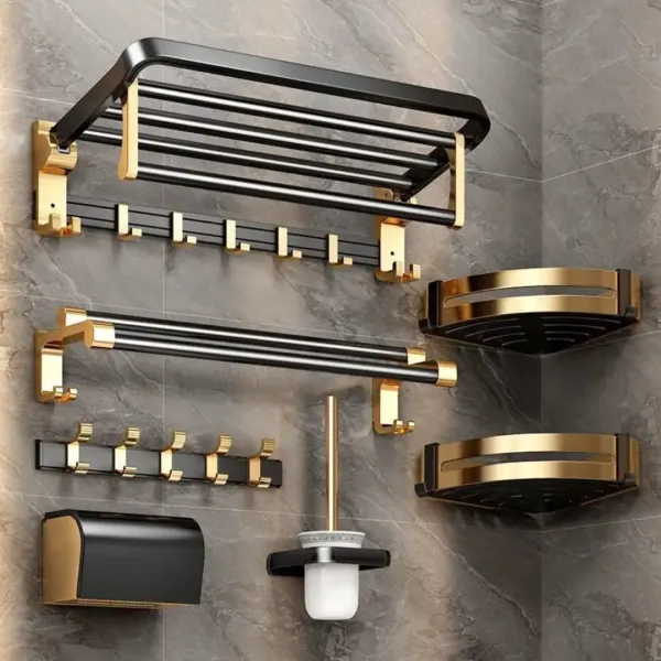 7pcs Black and Gold Multifunctional Aluminum Bath Towel Storage