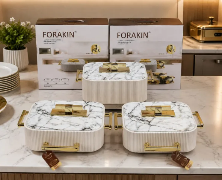 3pcs Premium Ribbed Marble +Gold insulated Food warmer