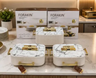 3pcs Premium Ribbed Marble +Gold insulated Food warmer
